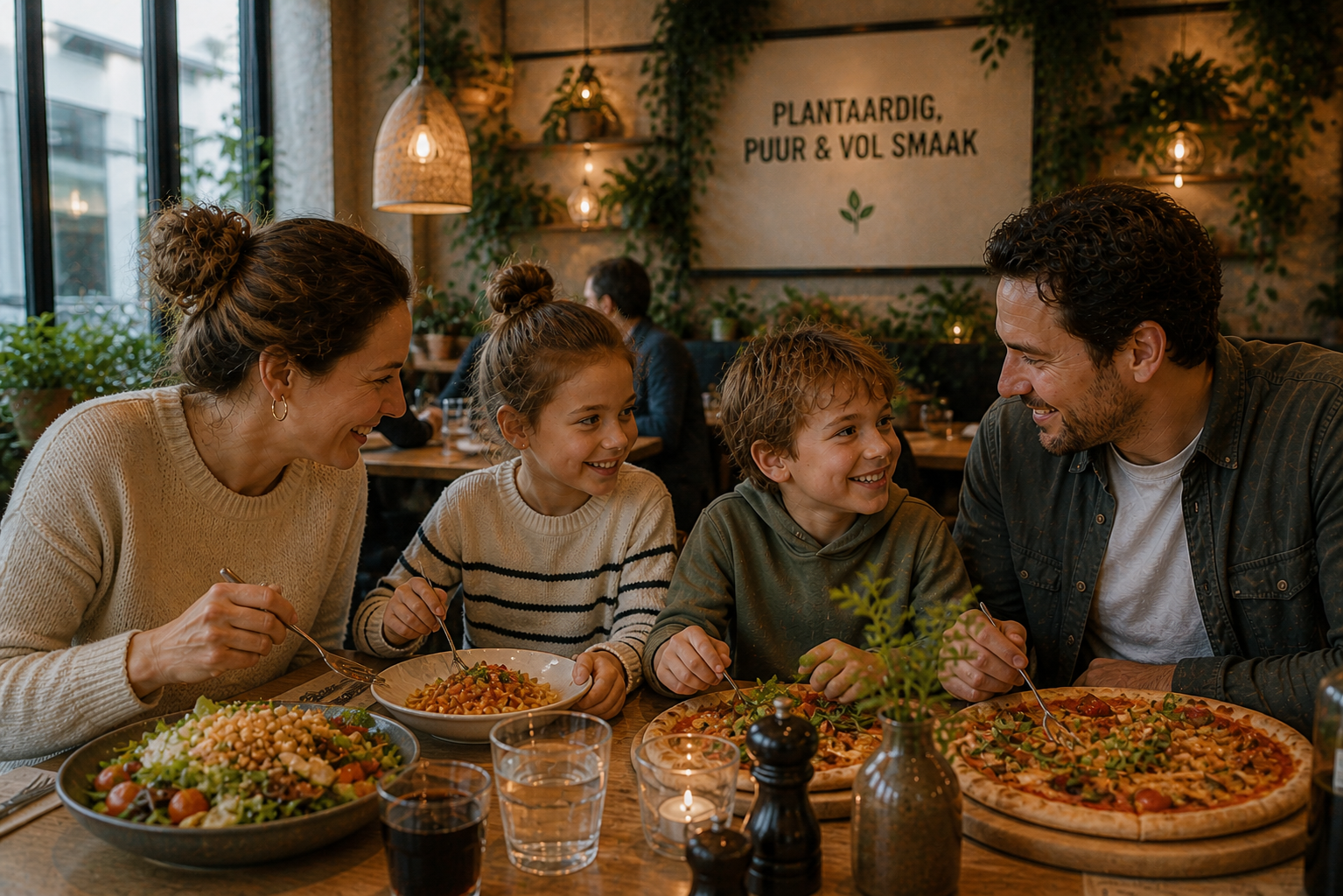 Mensen eten plantaardig in een restaurant